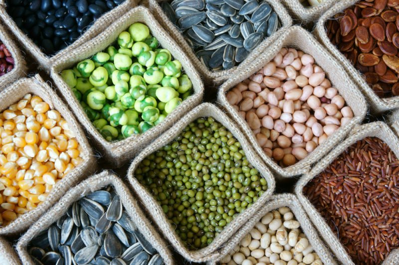 Photo of small, square burlap sacks nestled together in a grid pattern, hold a variety of pulses, grains and seeds, including sunflower seeds, mung beans, popcorn, black beans and red rice.