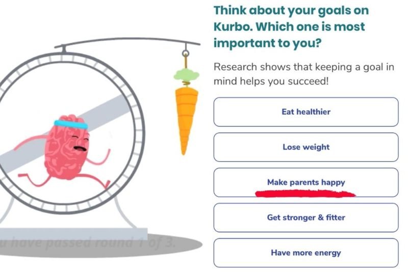 WW Weight Watchers Kurbo: Screenshots of two images from the Kurbo app, one of a raisin on a hamster wheel chasing a carrot, and one of a list of goals children can choose, including "Make Parents Happy"