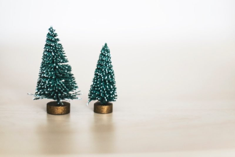 Photo of two tiny fake Christmas trees with flocking and gold bases.