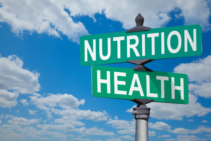 Pole with two street signs, one that says nutrition, the other that says health