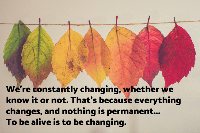 Photo of seven leaves, ranging from green to yellow to orange to read, with a bold black text overlay that reads: "We’re constantly changing, whether we know it or not. That’s because everything changes, and nothing is permanent... To be alive is to be changing."